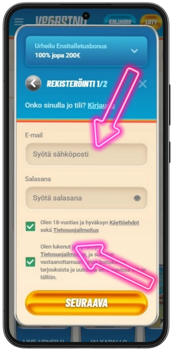 Vegasino täytä rekisteröintilomake