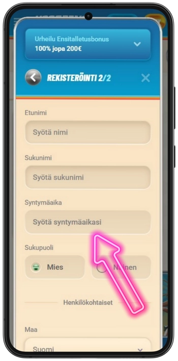 Vegasino täytä henkilökohtaiset tiedot