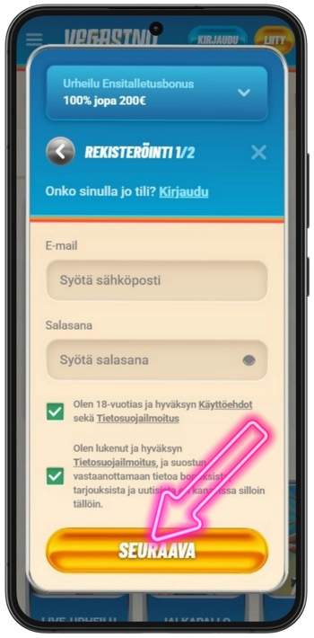 Vegasino rekisteröintivaihe 1 