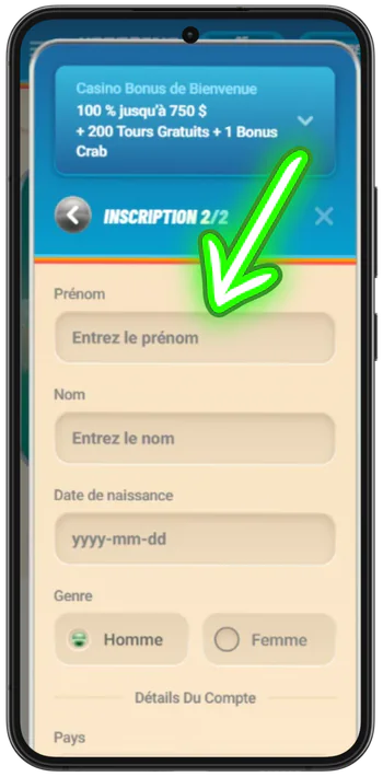 Vegasino France Veuillez fournir vos informations personnelles pour l'inscription